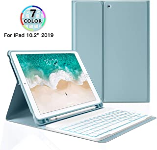 Aidashine Funda de Teclado para iPad 10.2 2019 7ma generacion- Teclado de Tableta Bluetooth extraible Teclado retroiluminado BT Cubierta Inteligente con Soporte para lapiz-Azul-7ColorBacklit