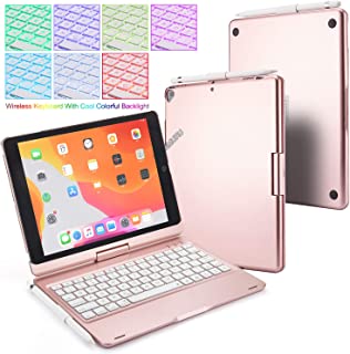 BECEMURU Funda para Teclado iPad 10.2 7 Colores Retroiluminacion Teclado Bluetooth Soporte Giratorio de 360 ° Funda de aleacion de Aluminio y ABS Funda para iPad 10.2 (Modelo 2019) (Oro Rosa)