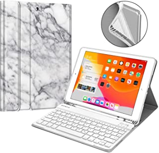 Fintie - Funda con teclado para iPad 2019 de 10-2 pulgadas (parte trasera de TPU suave- con soporte para lapiz- teclado Bluetooth inalambrico extraible magnetico con disposicion QWERTZ) Z- Marmor WeiB