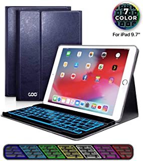 Funda con Teclado iPad 9.7- Funda iPad con Teclado Espanol (Incluye N) Bluetooth con Retroiluminado de 7 Colores para iPad 2018-iPad 2017-iPad Pro 9.7-iPad Air 2-1-Funda con Magnetico (Azul oscuro)