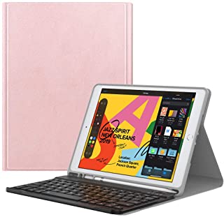 MoKo Funda Compatible con Nuevo iPad 10.2 2019 Teclado- Cubierta con Soporte para Apple Pencil- Protector de Teclado Inalambrico para Apple Nuevo iPad 7th Generacion 10.2- 2019 Tableta - Oro Rosa